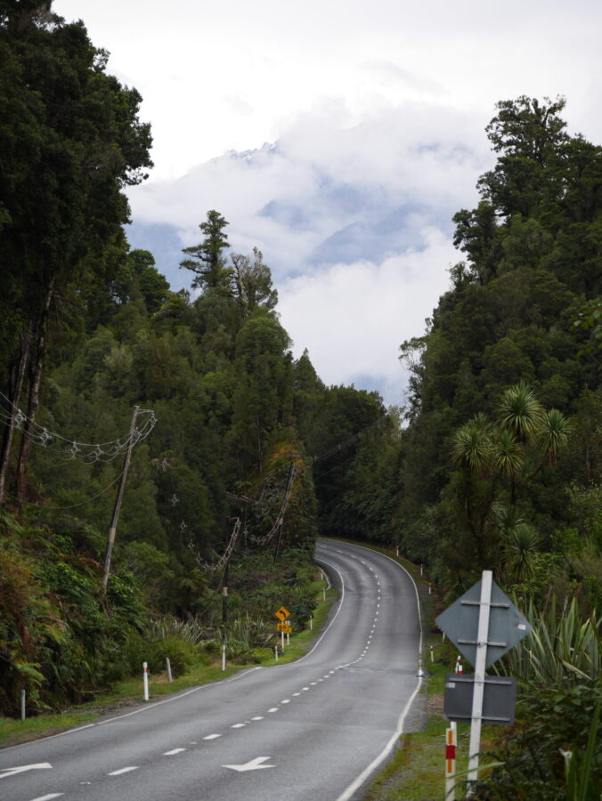 A forest road through Mount Aspiring National Park with mountains in the background.
