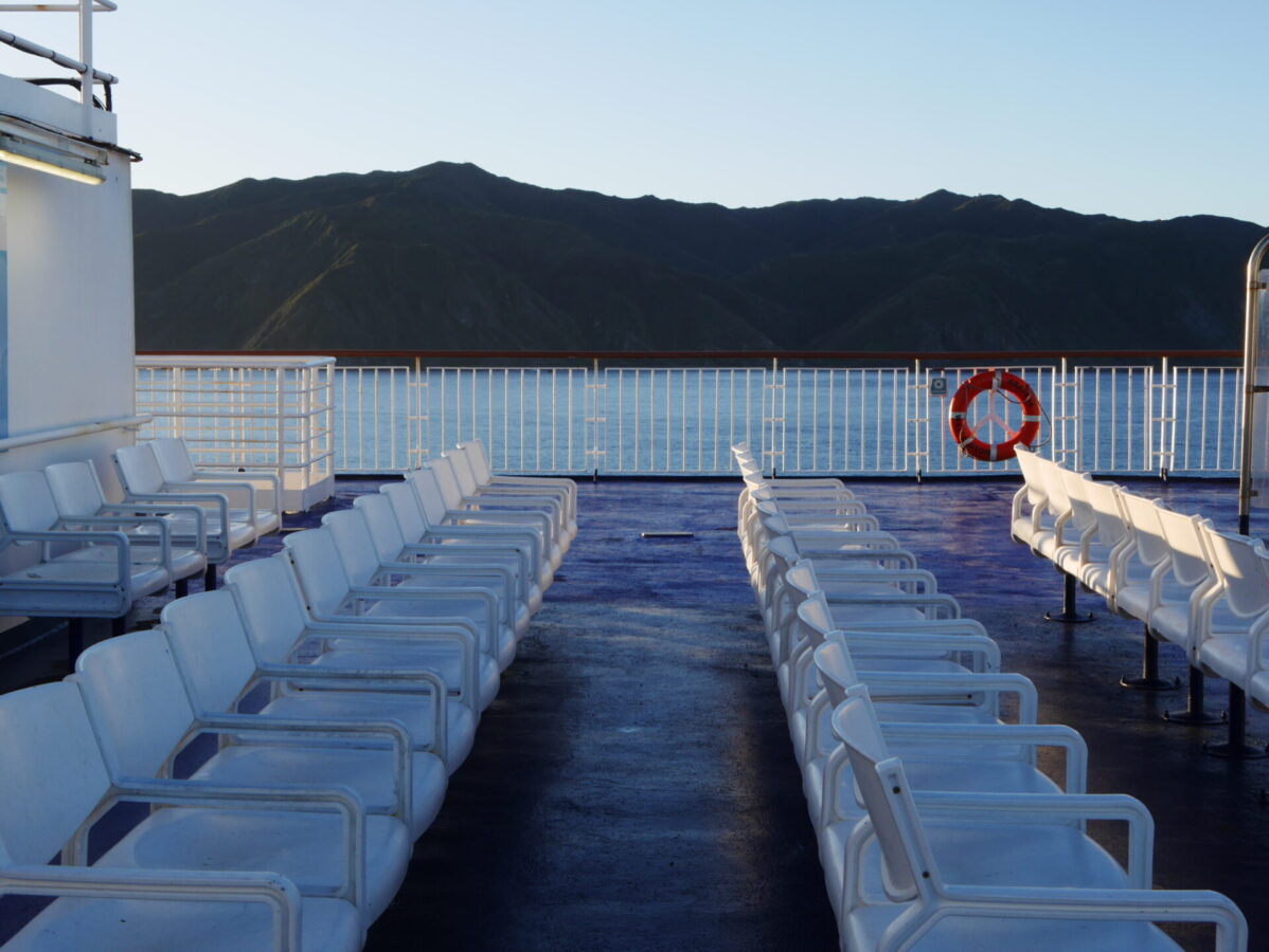 Some chairs on the upper outdoor deck on the Interislander Ferry crossing from the North Island to the South Island, New Zealand.