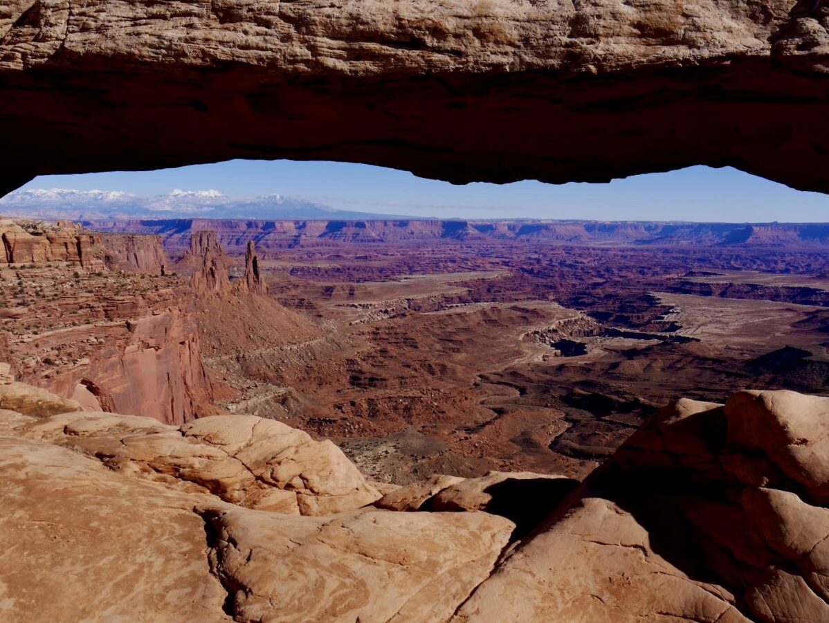 View from Mesa Arch in Canyonlands National Park.