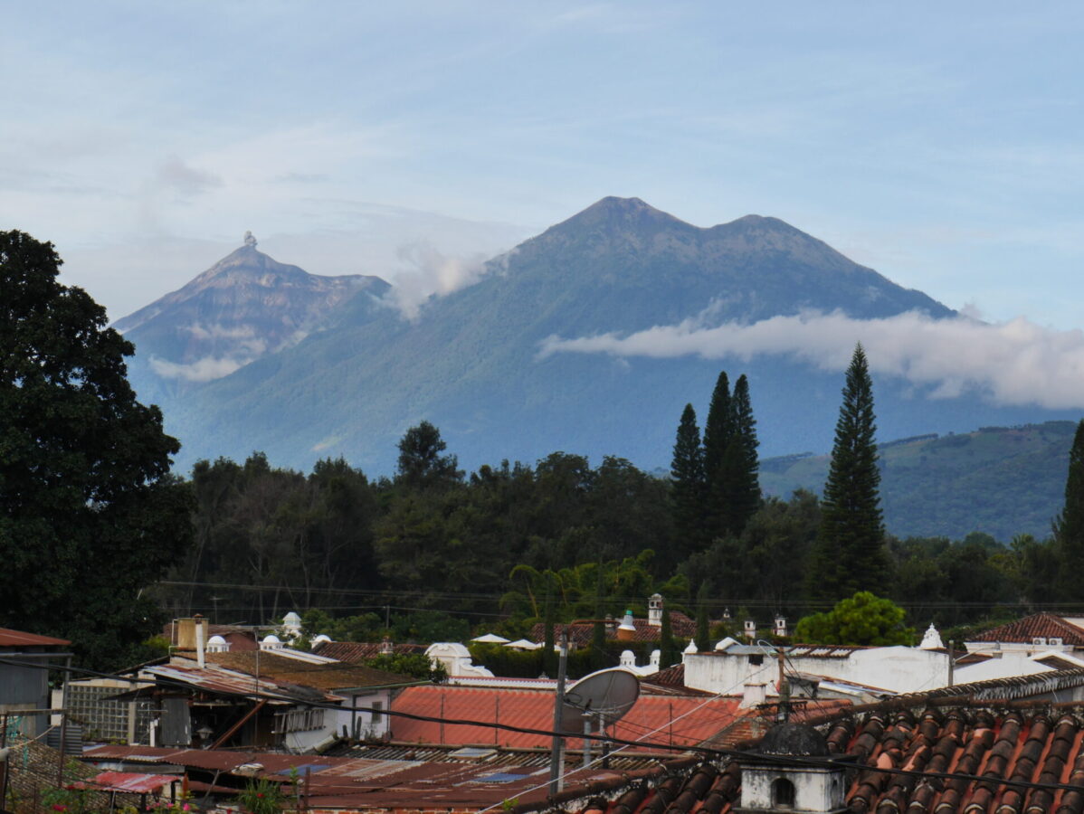 Three volcano peaks in Antigua, Guatemala.