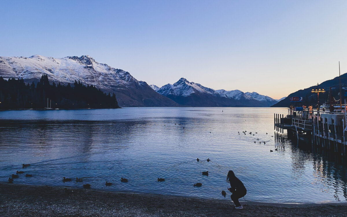 Lake Wakatipu and the Southern Alps around Queenstown, NZ during sunet in the winter.