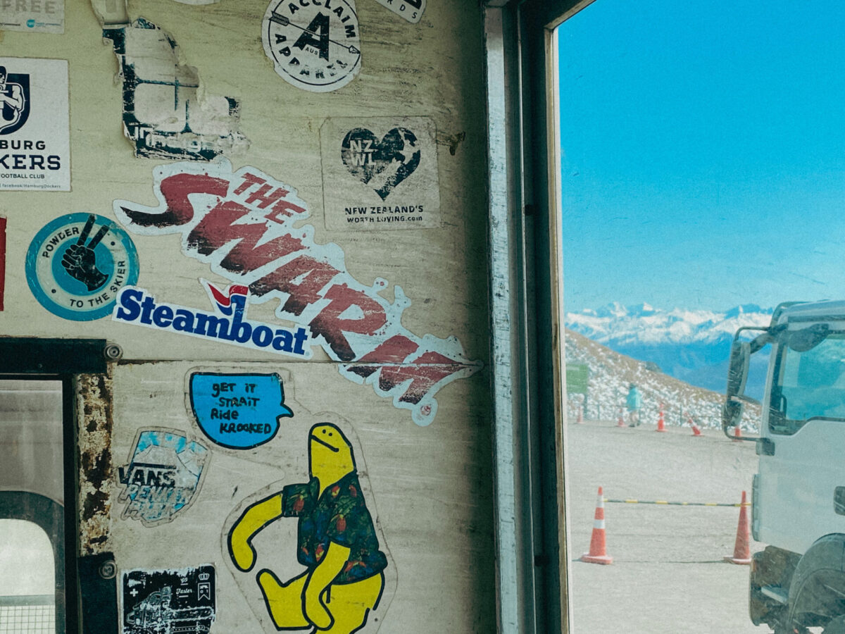 Some stickers on a Remarkables ski bus. 