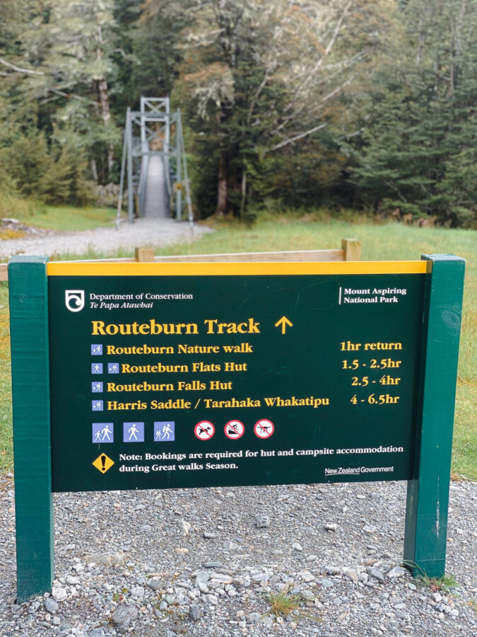 A Routeburn Track sign, indicating times to various locations along the route.