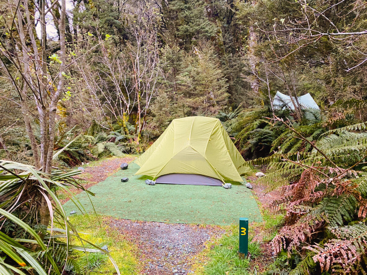 A backpacker's tent at Lake Mackenzie Campsite on the Routeburn Track.