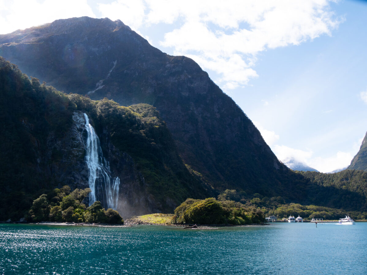 A view of Bowen Falls from a Milford Sound cruise, in Fiordland National Park, NZ. 