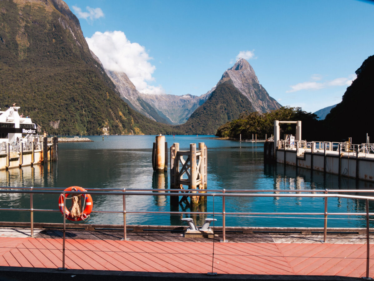 A view of Mitre Peak from the harbor at Milford Sound, in Fiordland National Park, New Zealand.