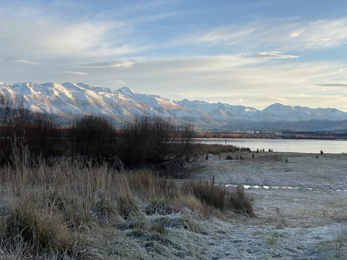 A view of Lake Opuha and surrounding mountains from the local campground in New Zealand.