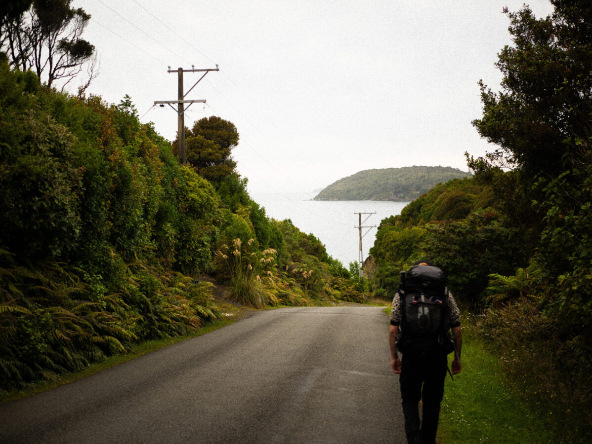 A hiker walking along the road to the Rakiura Track on Stewart Island, NZ.