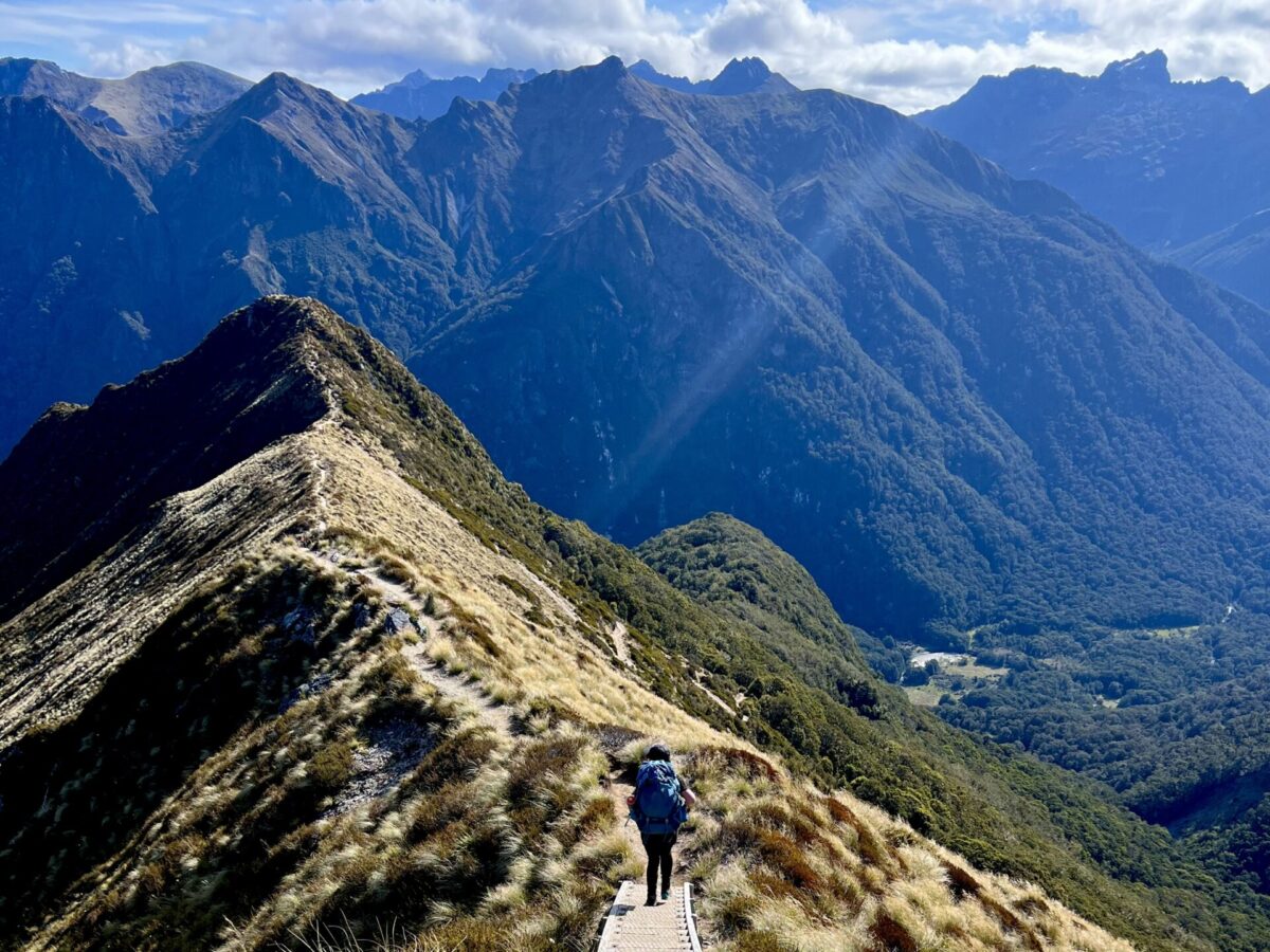 A hiker descending from the ridgeline of the Kepler Track in Fiordland National Park.