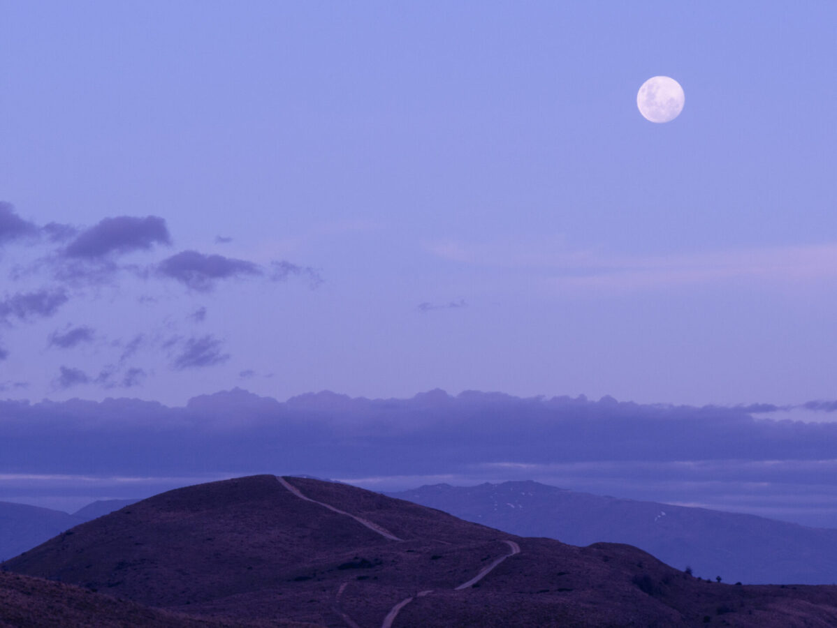 An evening moon scene at the top of Queenstown Hill in Queenstown, New Zealand.