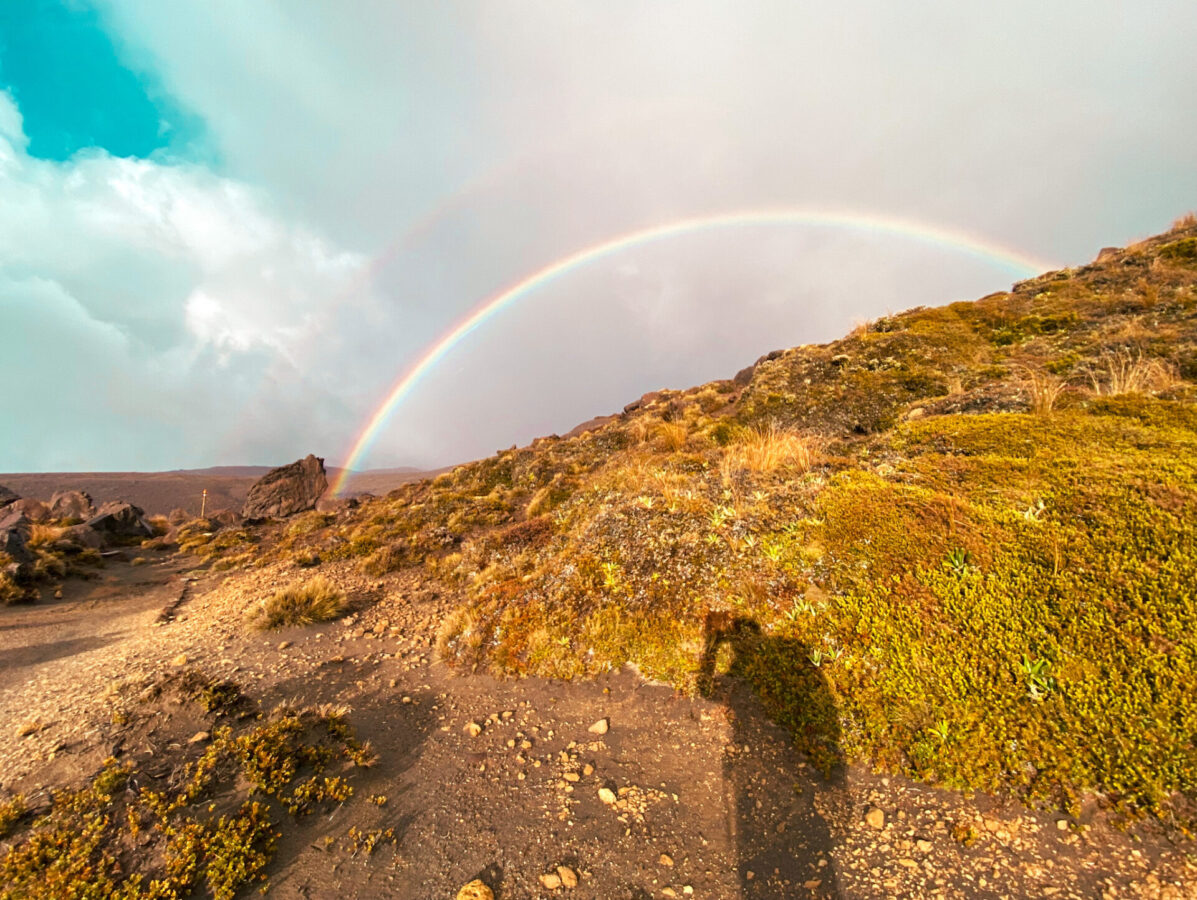 A rainbow found on a drizzly day along the Tongariro Northern Circuit hiking trail in New Zealand.