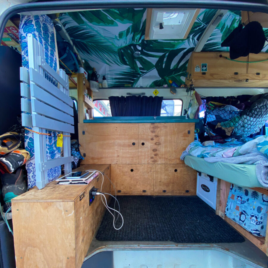 An inside view of a converted van in New Zealand.