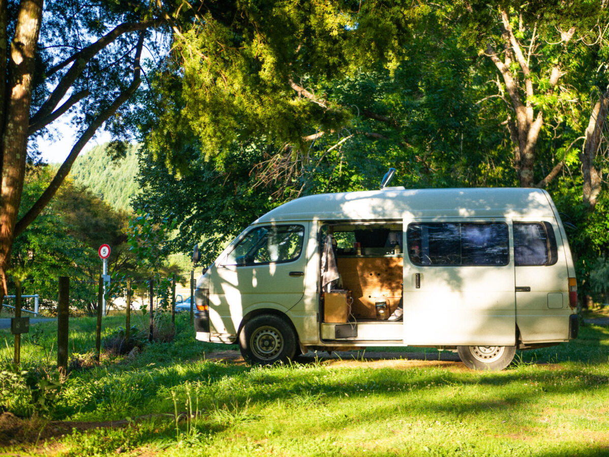 A converted campervan parked at a campground near Nelson, New Zealand.