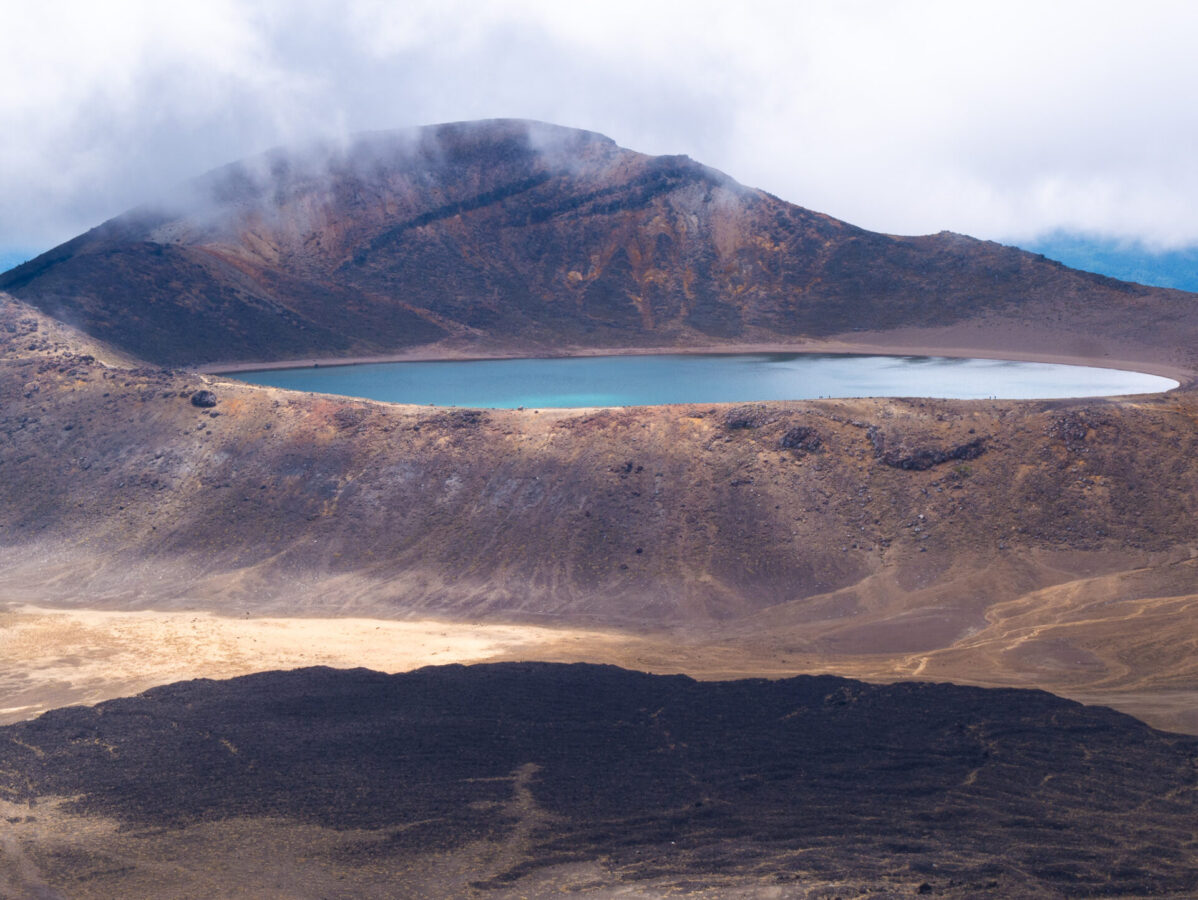 Blue Lake, one of the crater lakes atop the Tongariro Alpine Crossing in New Zealand.