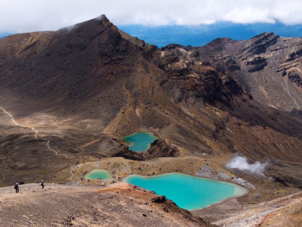 A view of the Emerald Lakes and geothermal vents from the highest point on the Tongariro Northern Circuit.
