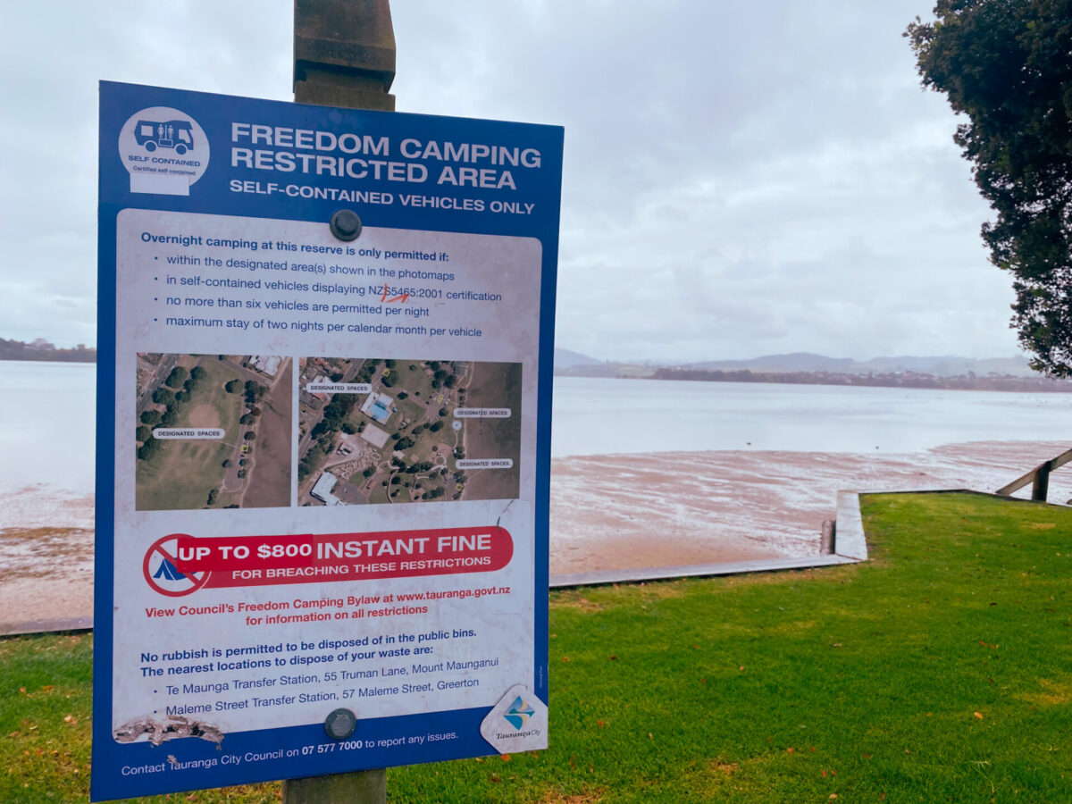 A freedom camping sign in Tauranga, New Zealand.