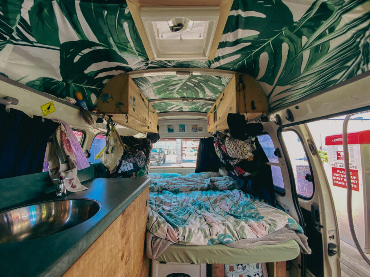 The inside of a converted van in New Zealand.