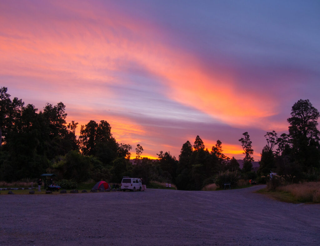 A sunset from a Department of Conservation campground on the west coast of New Zealand's South Island. 