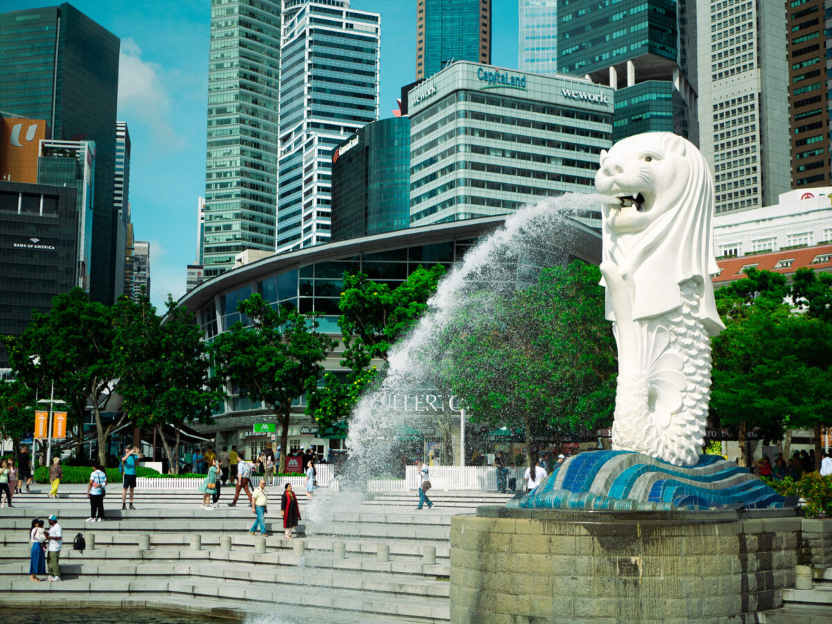 The Merlion Statue pictured on a sunny day in downtown Singapore.